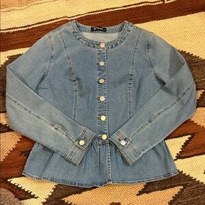 Allegra K Blue Button Down Denim Shirt Frill Waistline